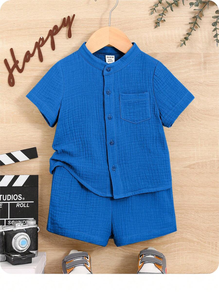 Baby Boy Colorful Blue All-Match Casual Loose Button-Up Short Sleeve Shirt And Shorts Set - Blue - View 1