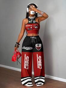 Slaydiva 2 件套女士休闲街头紧身吊带背心和宽松裤子套装，适合街头，赛车印花 - 彩色 - 查看 3