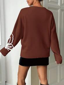EURMUSE Women's Floral Embroidery Contrast Color Crew Neck Pullover Sweater, Autumn/Winter - Rust Brown - View 2