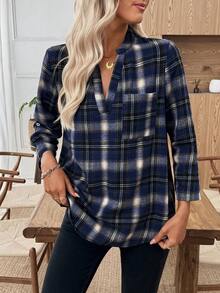 EMERY ROSE Áo sơ mi công sở cổ bẻ họa tiết kẻ caro cổ điển dành cho nữ, tay 3/4 - Nhiều màu - Xem 5