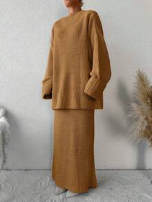 EURMUSE Drop Shoulder Sweater & Knit Skirt Without Belt - Camel - View 5