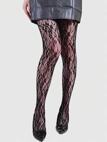 ROMWE Grunge Punk 2 Pairs Floral Lace Fishnet Tights, Vintage Erotic Opaque Pantyhose, Thin And Stretchy Sheer Stockings - Multicolor - View 2