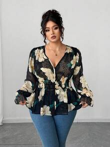 Elenzga Plus Size Women Floral Print Ruffle Hem Blouse, Suitable For Back To School, Graduation Printemps - Black - View 3