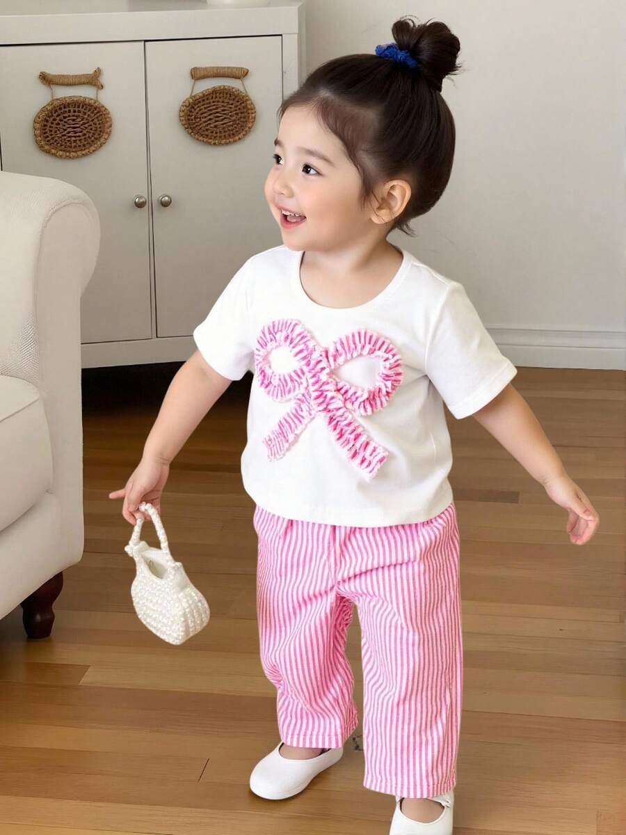 Souflis Souflis 2 件女婴幼儿/新生儿 0-3 岁可爱休闲条纹蝴蝶结 T 恤 + 条纹裤套装，婴儿莫兰迪蓝色服装，春夏 - 粉色 - 查看 1