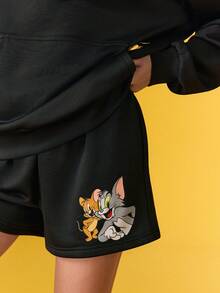 TOM & JERRY X SHEIN Women's Casual Letter & Cartoon Print Hoodie And Shorts 2 Pieces Set, Autumn - Black - View 9