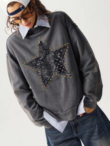 Bohemela Sudadera holgada de punto de cuello redondo de unicolor casual para mujer, ropa de otoño e invierno