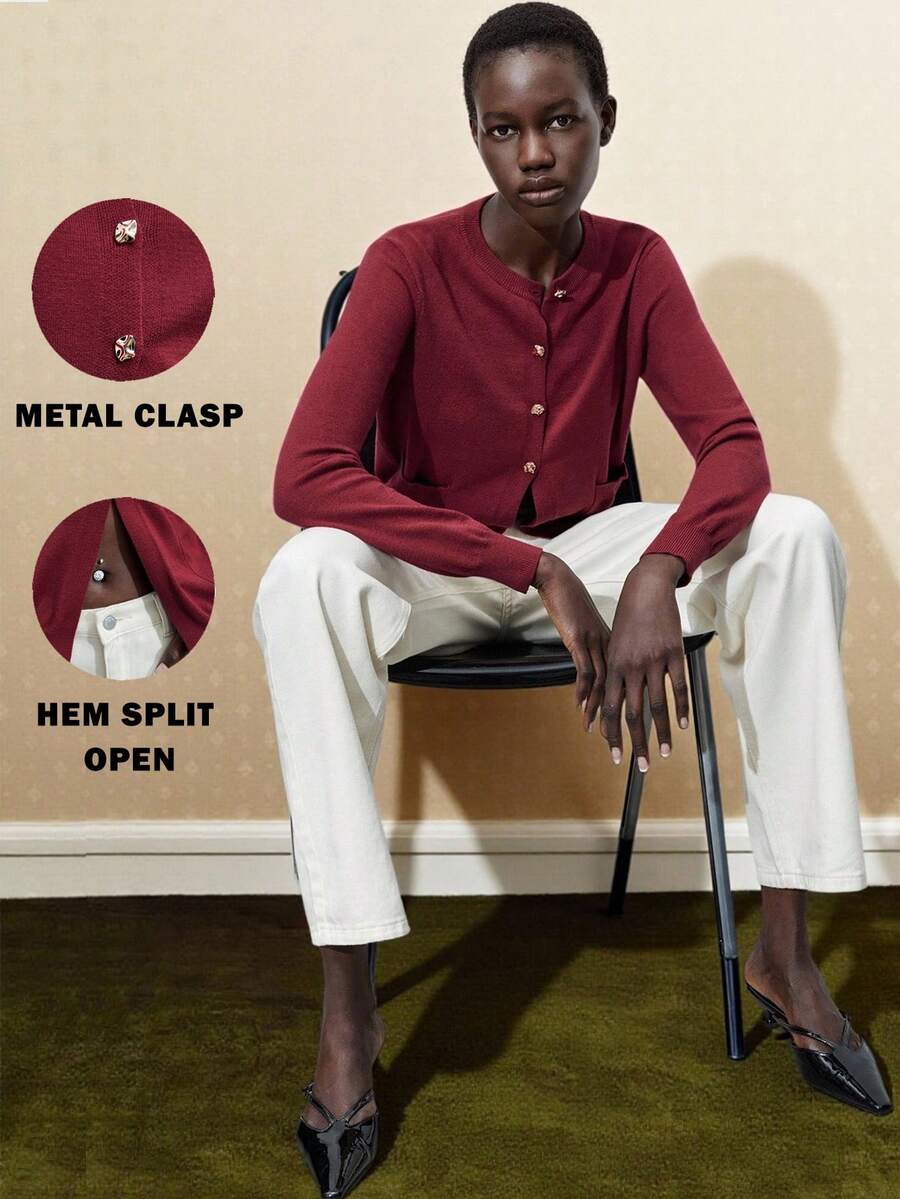 Maija Women's Solid Color Round Neck Long Sleeve Single-Breasted Casual Knitted Cardigan, Autumn/Winter - Burgundy - View 1