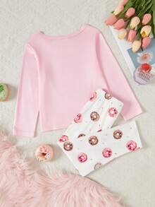 2pcs Young Girl' Cute Donut Print Long Sleeve Pajama Set