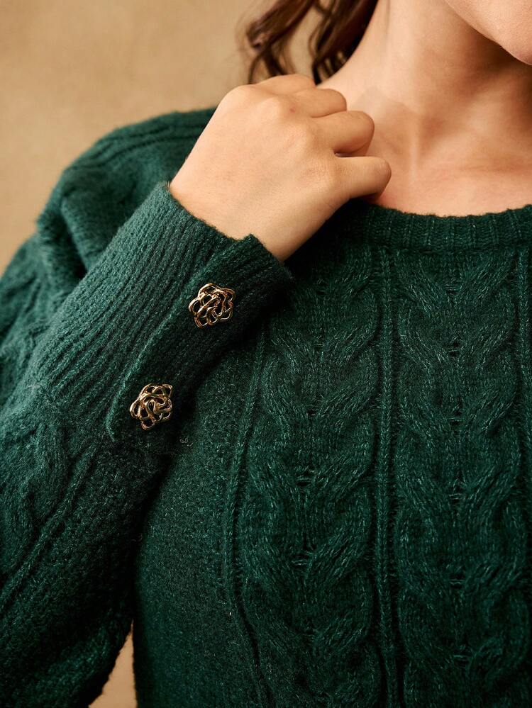 PLUS SIZE CABLE KNIT SWEATER WITH METAL BUTTON, VERSATILE MILITARY GREEN