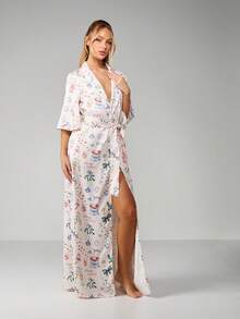 MISSGUIDED Christmas Print Kimono Robe For Women Holiday Dressing Gown Wrap Style Maxi Length Loungewear - Multicolor - View 5