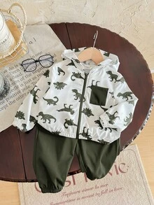 2pcs Baby Boy Dinosaur Printed Contrast Color Hoodie Jacket And Solid Color Pants Outfit, Spring/Summer/Autumn/Winter - Green - View 3