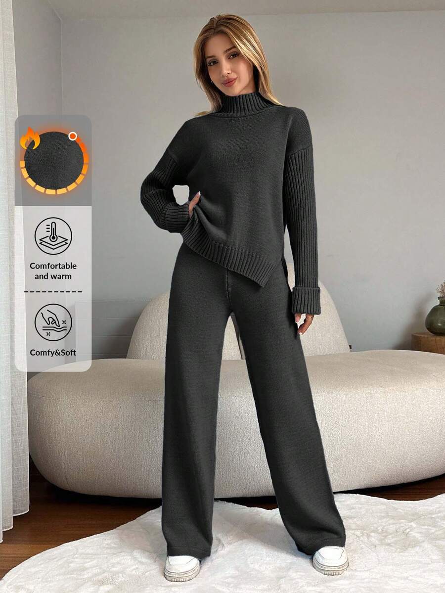EURMUSE Women High Neck Split Hem Long Sleeve Top And Pants Knit 2 Pieces Set - Dark Grey - View 1