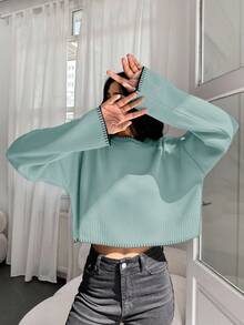RueChic Women's Solid Color Crew Neck Drop Shoulder Long Sleeve Casual Sweater, Fall/Winter - Mint Green - View 5