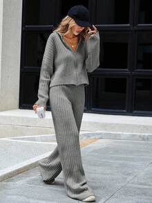 EURMUSE Drop Shoulder Zip Up Cardigan & Knit Pants - Light Grey - View 6