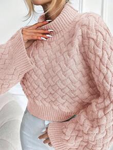EURMUSE Solid Batwing Sleeve Mock Neck Pointelle Knit Sweater - Beige - View 4