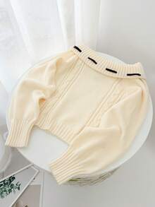 DAZY Áo len dài tay hở vai đính nơ đan chéo dễ thương cho ngày lễ tình nhân mùa xuân dành cho nữ, thu đông - Màu be - Xem 4