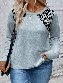EMERY ROSE Kaos Kasual Leher Bulat Lengan Panjang Motif Leopard Ukuran Besar untuk Musim Gugur/Dingin - MultiWarna - View 3