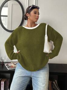 Elenzga Sweater Lengan Panjang Leher Bulat Kasual Wanita Ukuran Besar dengan Hiasan Pita, Melangsingkan, Musim Gugur/Dingin - Olive Green - View 4