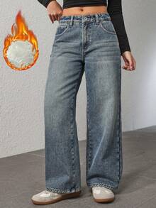 SHEIN PETITE 女士口袋宽松阔腿休闲百搭牛仔裤 - 藍色 - 查看 6