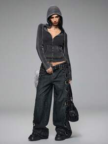 ROMWE Grunge Punk Punk Style Ribbed Zip-Up Hooded Cardigan For Women - Grey - View 5