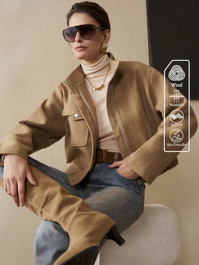 Arave Chaqueta corta con cuello alto y botones de mezcla de lana para mujer, adecuada para el uso diario