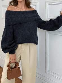 EURMUSE Elegant Off Shoulder Neck Line Rib Knit Balloon Sleeve Oversize Cozy Pullover For Winter - Dark Grey - View 7