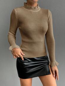 EURMUSE Pulover elegant pentru femei, casual, de zi cu zi, cu guler înalt, culoare solidă, cu mâneci cu volane, toamnă/iarnă - Cămilă - Vizualizare 5