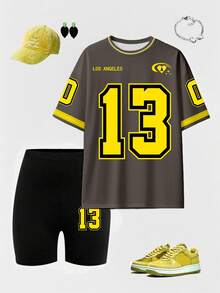 SHEIN 休闲女式针织两件套，带条纹撞色滚边和骑行短裤，女式运动服，2 件套休闲套装，女式超大号运动服，女式足球服，女式运动服 - 彩色 - 查看 5