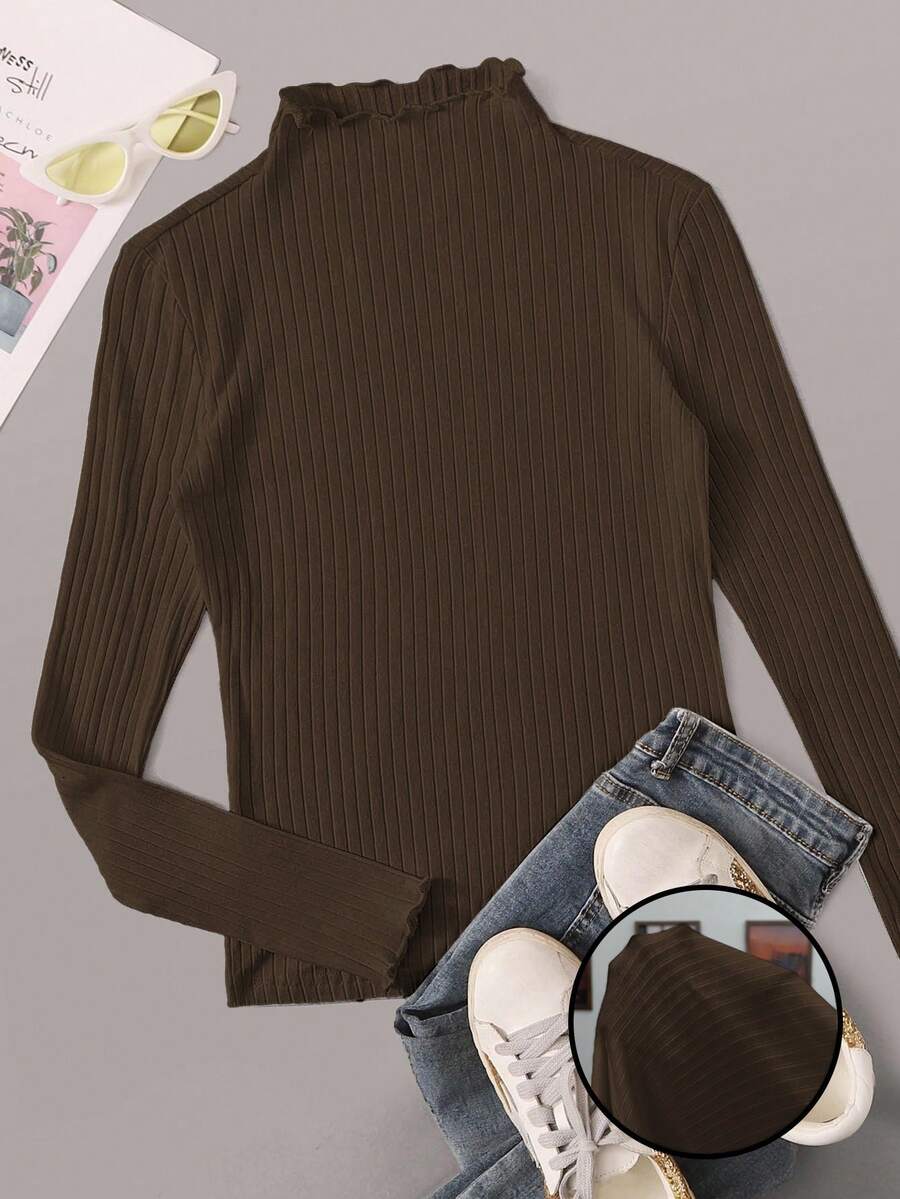 SHEIN EZwear Kaos Kasual Lengan Panjang Kerah Tegak Rajut Bergaris Cokelat Kopi untuk Wanita Ukuran Besar Musim Gugur - Coffee Brown - View 1