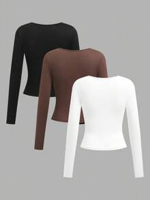 SHEIN EZwear 3 件套女士休闲宽领紧身长袖 T 恤套装，秋冬 - 彩色 - 查看 2