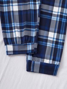 青少年男孩藏青色格子英伦元素组合长袖上衣和裤子，简约时尚的穿搭，适合休闲家居穿着，凸显青少年阳光洒脱的特质 - 藏蓝色 - 查看 7