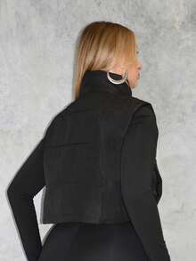 Arliah Winter Zip Up Double Face Snap Button Corduroy Drawstring Vest Coat - Black - View 2