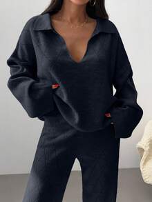 EURMUSE Woman Checkered Jacquard Polo Neck Two Pieces Sweater And Pants Co-Ords - Black - View 4