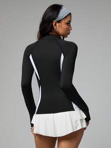 Dewbera Lila & Weiß Splice Stilvolle Reißverschluss-Jacke mit Daumenöffnung, anliegende Sport- & Yogabekleidung