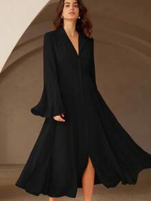 Aveloria Rosie 惊艳紫红色优雅领口单排扣束腰喇叭形长袖衬衫裙，适合女士 - 黑色 - 查看 4