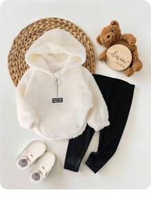 2pcs Baby Girl Cute Fleece Warm Long Sleeve Letter Print Hoodie Sweatshirt And Knit Leggings Set, Autumn/Winter Fall