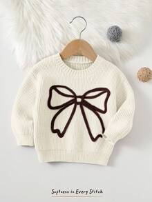 Cozy Pixies Baby Girl Bow Decor Crew Neck Long Sleeve Pullover Sweater, Versatile & Comfortable - Multicolor - View 6