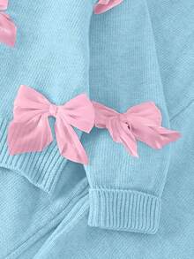 SHEIN Girls Cute Bow Decor Round Neck Sweater Matched With Casual Straight Pants, Suitable For Home, Outing, Party, Back To School Bow Clothes Girls Sweater Sets Winter Young Girls Sets Girl Knit Set Little Girls Pants Set - Blue - View 4