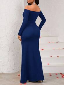 SHEIN Lady Váy sinh nhật thời trang thanh lịch mùa xuân/hè dành cho nữ Váy dạ hội Váy cưới Váy dự tiệc cưới cho nữ Trang phục mùa hè dành cho nữ Màu xanh navy trơn ôm vừa vặn hở vai Tay dài xẻ tà Váy dài cho nữ - Màu xanh hải quân - Xem 2