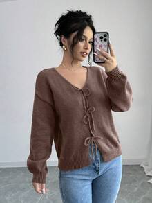 Selianne Women's Solid Color Front Tie Long Sleeve Casual Blouse, Simple Design For Daily Wear Crop Cardiganblack Cardigan Girlsbow Cardiganblack Cardigancropped Cardigan