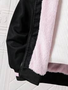 SHEIN Explorewe Jaqueta feminina preta com forro térmico e letras bordadas, ideal para passeios, viagens e uso diário. Confortável e perfeita para a volta às aulas. Jaqueta com capuz para meninas, jaqueta de inverno preta, jaqueta de fleece rosa e jaqueta com capuz para meninas. - Preto - Ver 6