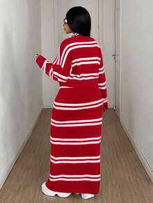 Maweii Women's Plus Size Short Loose Top, Elegant Casual Green & White Striped V-Neck Y2K Lounge Long Sleeve Bodycon Sweater Bodycon Maxi Tube Striped 2 Pieces Set Dress, Plus Size, Autumn/Winter - Multicolor - View 2