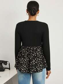 MaterniWear Solid Color Print Patchwork Round Neck Long Sleeve Nursing Top