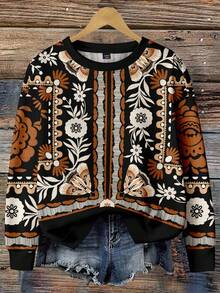 EMERY ROSE Sudadera holgada de manga larga con estampado geométrico en contraste negro y marrón, de estilo minimalista y casual, adecuada para otoño/invierno, talla grande - Multicolor - Ver 4