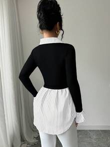 Elenzga Women's Striped Collared Long Sleeve Knit & Woven Patchwork Blouse - Multicolor - View 2