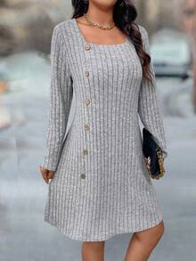 SHEIN PETITE Váy cổ vuông vải dệt kim họa tiết dành cho nữ nhỏ nhắn - Xám - Xem 4