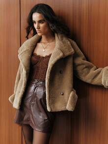 Anewsta معطف نسائي قصير من الفرو الناعم الفضفاض مزدوج الصدر للخريف/الشتاء، معطف من الفرو الصناعي للاستخدام اليومي، الخروج، الأناقة، الأناقة، الرسمي