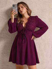 Elegantrix 女士拼布蕾丝派对连衣裙，秋冬 - 酒紅色 - 查看 3