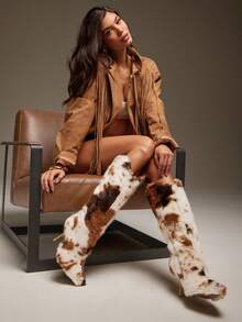 SHUZIA Women's Snip Toe Skinny Heel Cow Print Faux Fur Tall Western Boots For Christmas - Camel - View 1