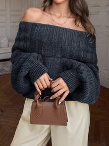 EURMUSE Elegant Off Shoulder Neck Line Rib Knit Balloon Sleeve Oversize Cozy Pullover For Winter - Dark Grey - View 3